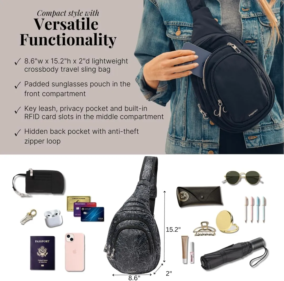 Baggallini Securtex Anti-Theft Triple Zip Sling - Travel Backpack Sling Bag Crossbody - RFID Wallet Locking Zipper
