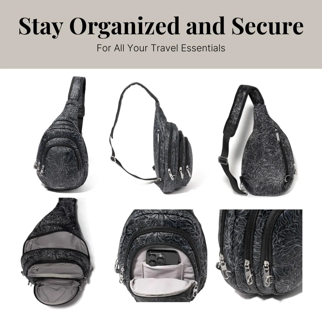 Baggallini Securtex Anti-Theft Triple Zip Sling - Travel Backpack Sling Bag Crossbody - RFID Wallet Locking Zipper