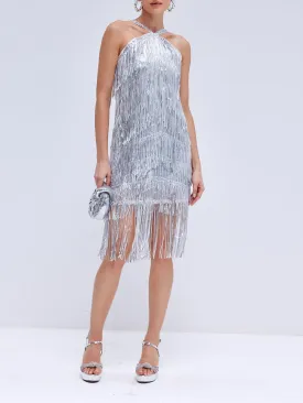 Beaded Sequin Fringe Halterneck Dress
