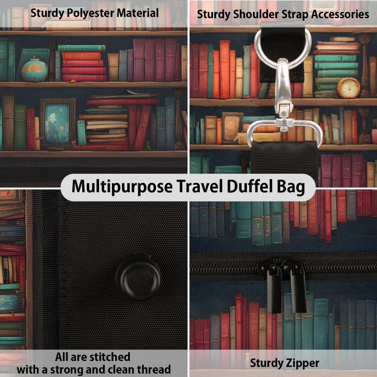 Bookshelf Travel Duffle Bag, Sports Gym Bags for Women Men, Carry On Weekender Overnight Workout Airplane Trips Bag