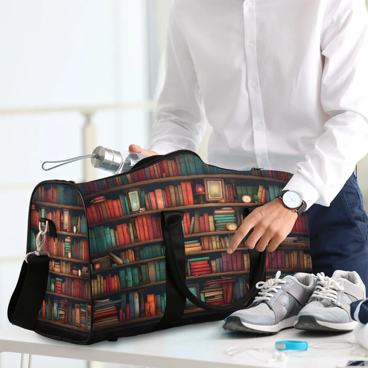 Bookshelf Travel Duffle Bag, Sports Gym Bags for Women Men, Carry On Weekender Overnight Workout Airplane Trips Bag