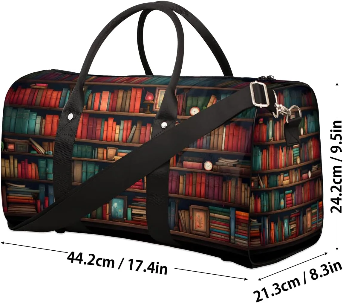 Bookshelf Travel Duffle Bag, Sports Gym Bags for Women Men, Carry On Weekender Overnight Workout Airplane Trips Bag