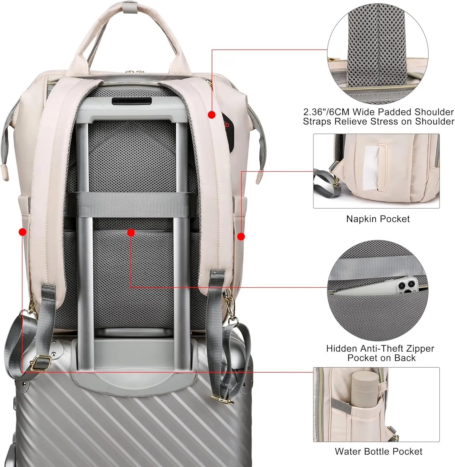 CAFELE Laptop Backpack for Women, 17.3 Inch Computer Backpack for Teacher Nurse with Water Resistant, Lightweight Travel Work Backpack with USB Port, Quilted Commuter Backpack purse,Beige (2323H-04)