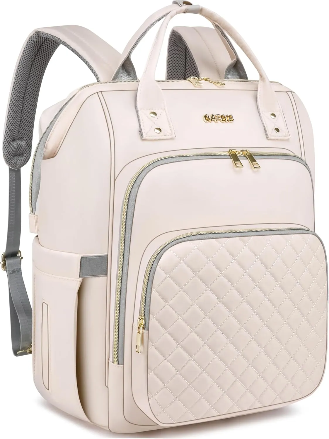 CAFELE Laptop Backpack for Women, 17.3 Inch Computer Backpack for Teacher Nurse with Water Resistant, Lightweight Travel Work Backpack with USB Port, Quilted Commuter Backpack purse,Beige (2323H-04)