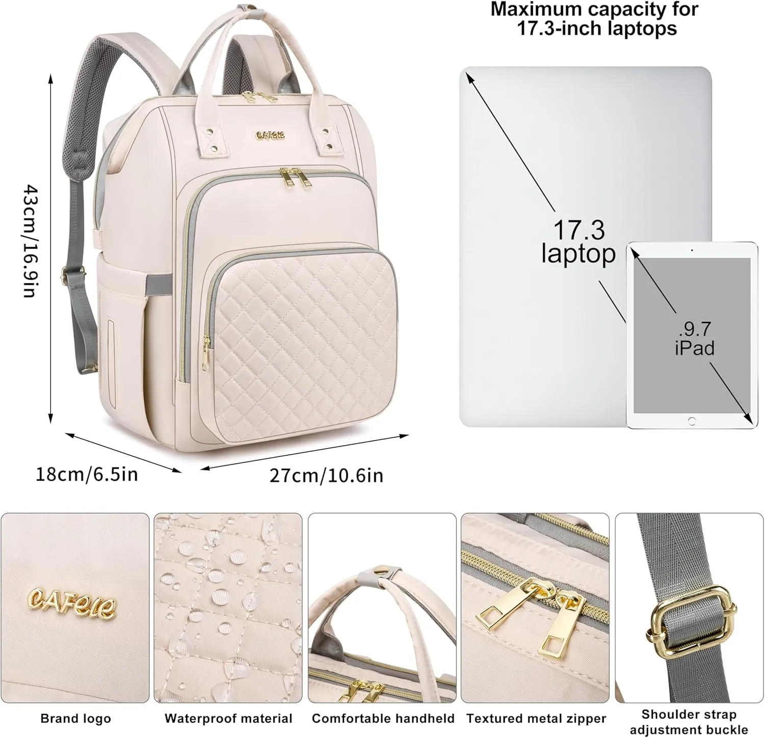 CAFELE Laptop Backpack for Women, 17.3 Inch Computer Backpack for Teacher Nurse with Water Resistant, Lightweight Travel Work Backpack with USB Port, Quilted Commuter Backpack purse,Beige (2323H-04)
