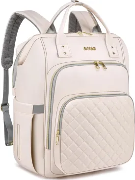 CAFELE Laptop Backpack for Women, 17.3 Inch Computer Backpack for Teacher Nurse with Water Resistant, Lightweight Travel Work Backpack with USB Port, Quilted Commuter Backpack purse,Beige (2323H-04)