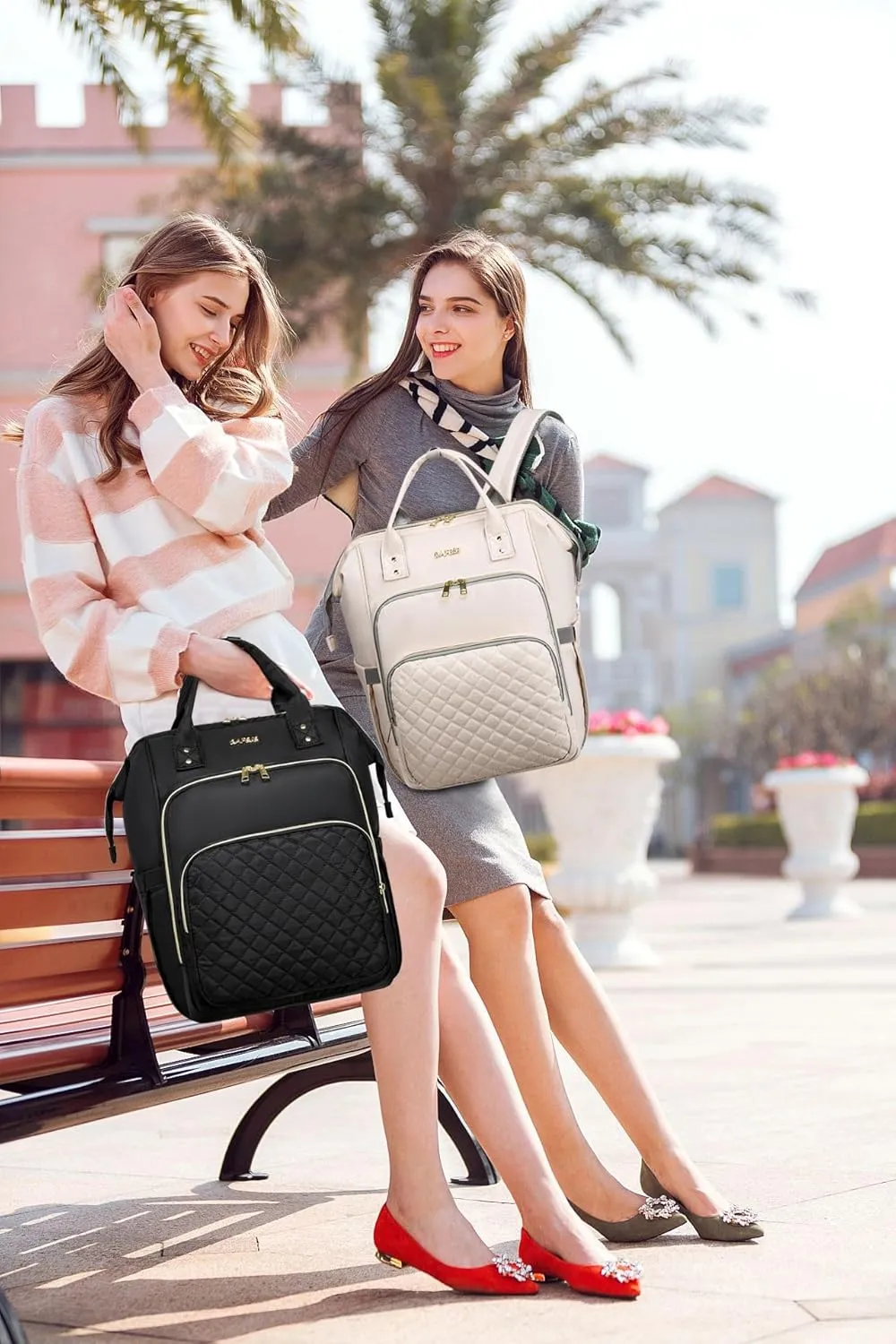 CAFELE Laptop Backpack for Women, 17.3 Inch Computer Backpack for Teacher Nurse with Water Resistant, Lightweight Travel Work Backpack with USB Port, Quilted Commuter Backpack purse,Beige (2323H-04)