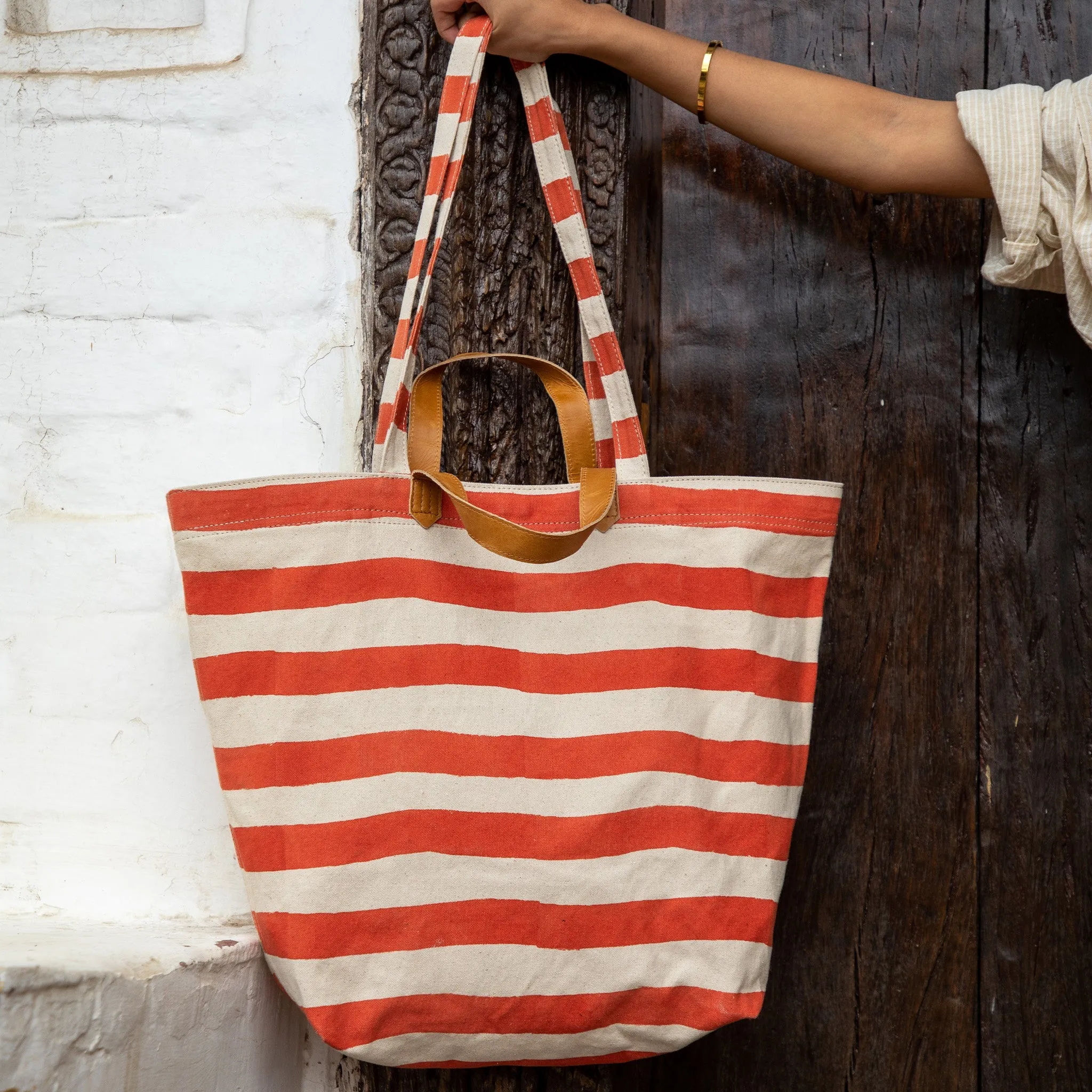 Carryall Canvas Tote - Large Cinnamon Stripe Print by Joyn