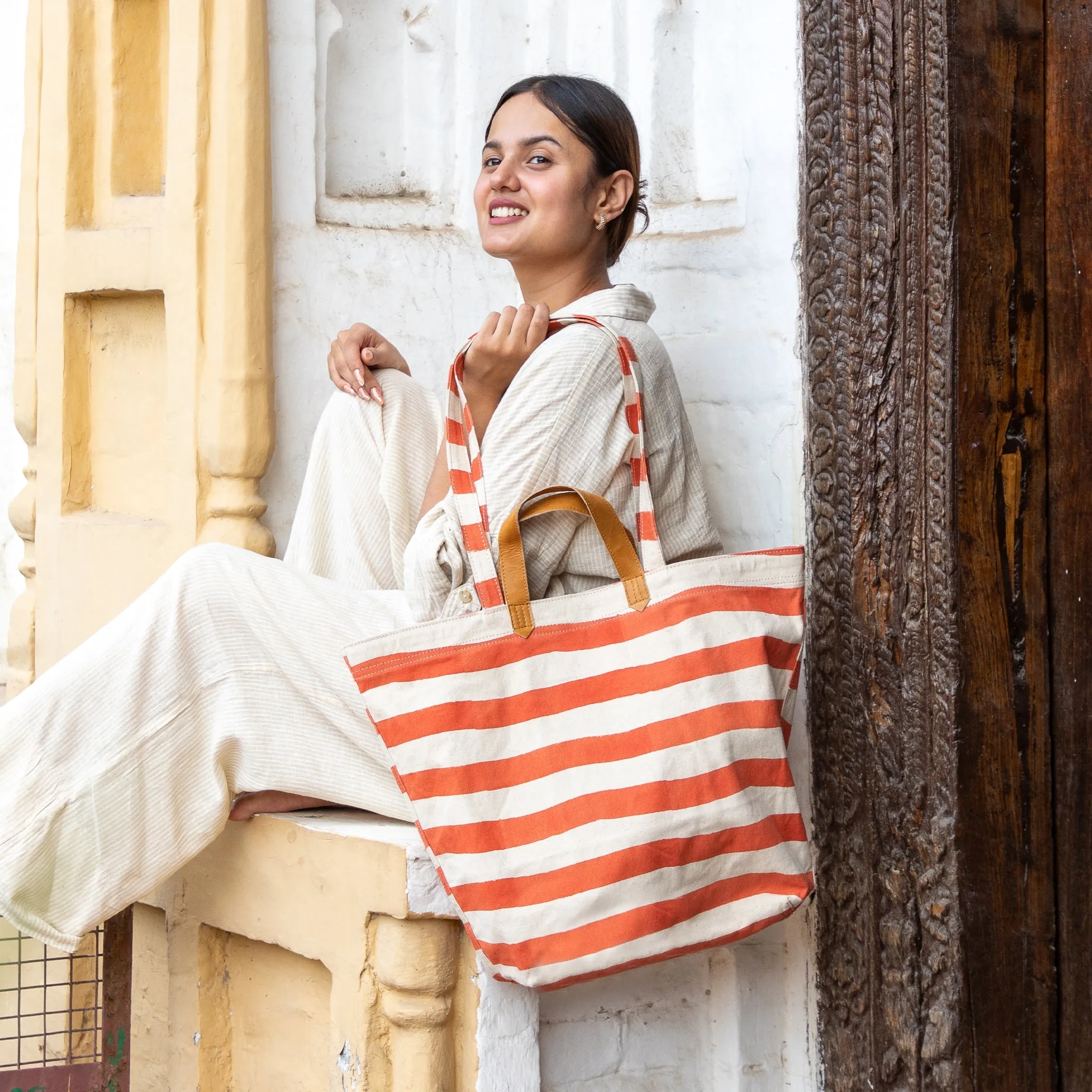 Carryall Canvas Tote - Large Cinnamon Stripe Print by Joyn
