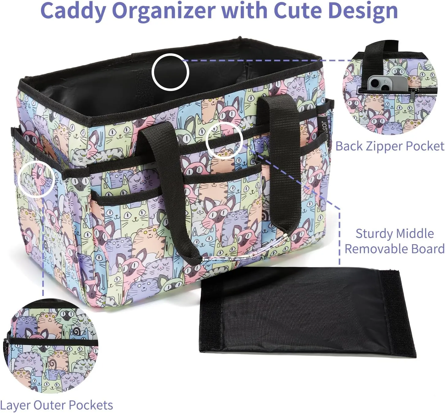 Craft Organizer Tote Bag, Art Caddy Bag with Multiple Pockets, Sewing Bags for Scrapbooking, Home and Office Supplies (Cat)