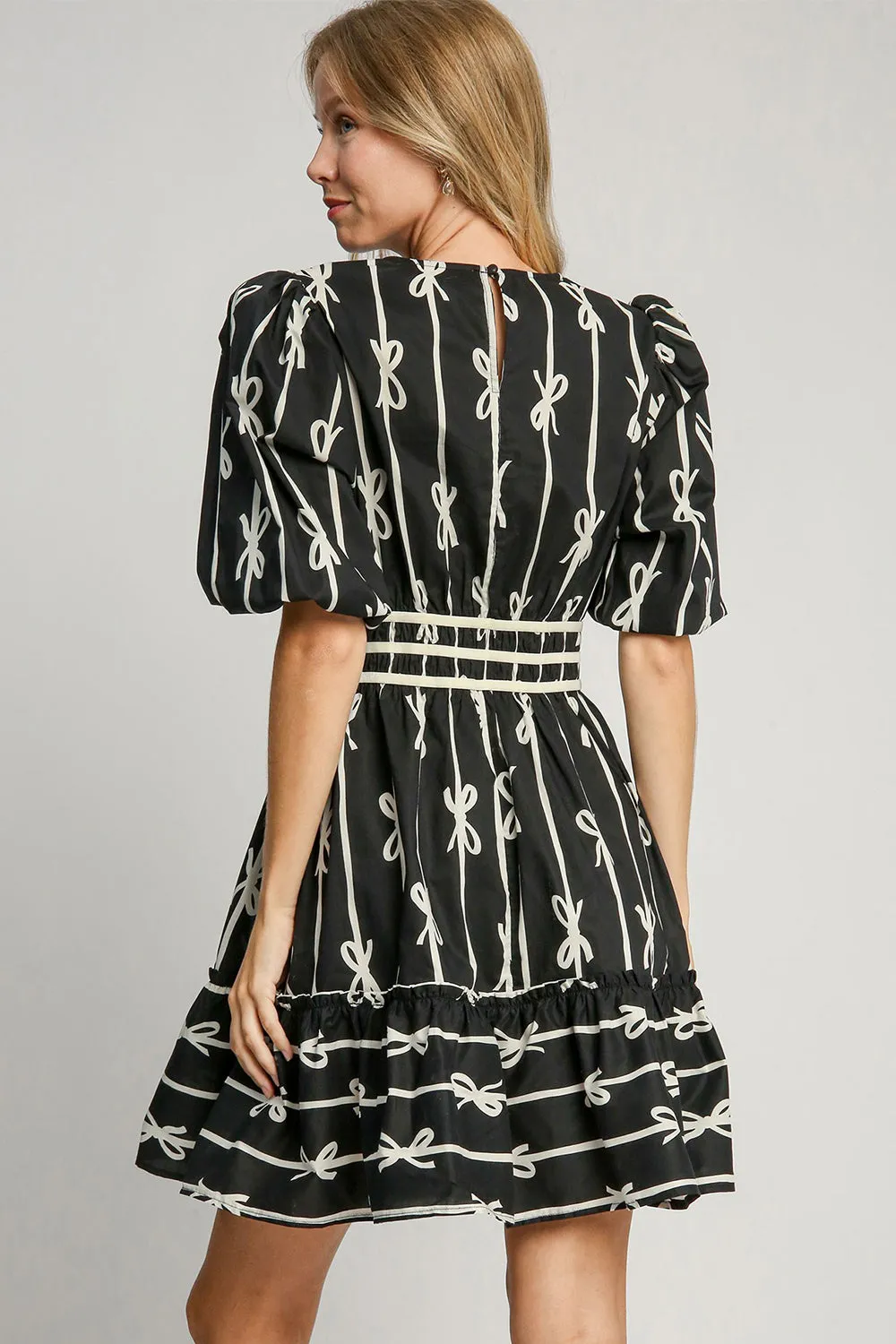 Explore More Collection -  Umgee Ribbon Print Frill Contrast Velvet Trim Half Sleeve Dress