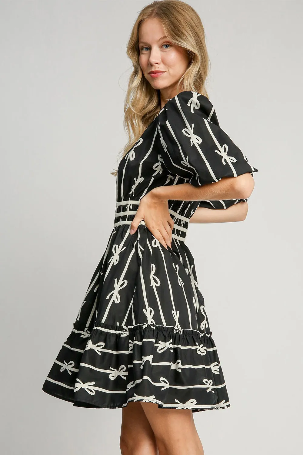 Explore More Collection -  Umgee Ribbon Print Frill Contrast Velvet Trim Half Sleeve Dress