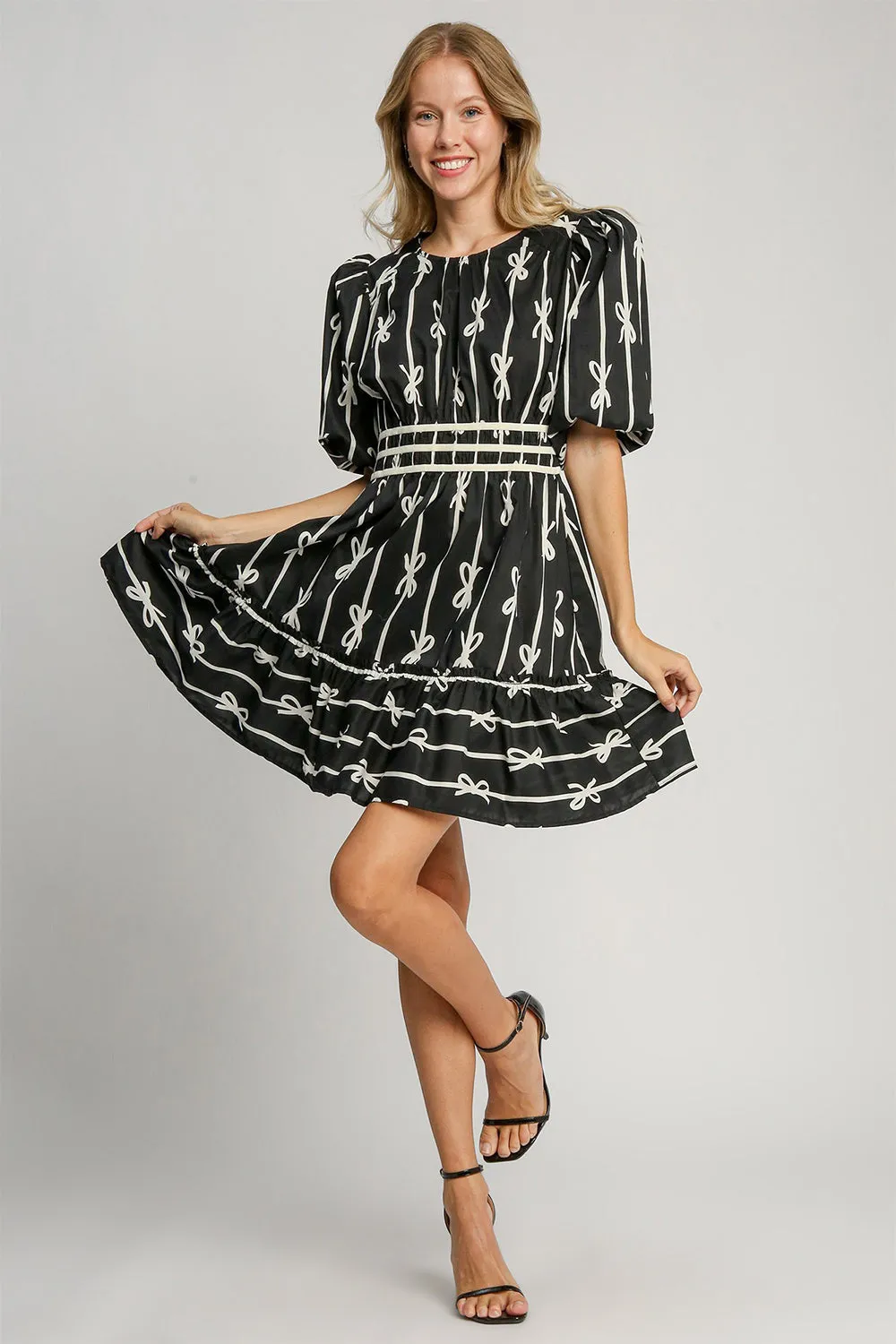 Explore More Collection -  Umgee Ribbon Print Frill Contrast Velvet Trim Half Sleeve Dress