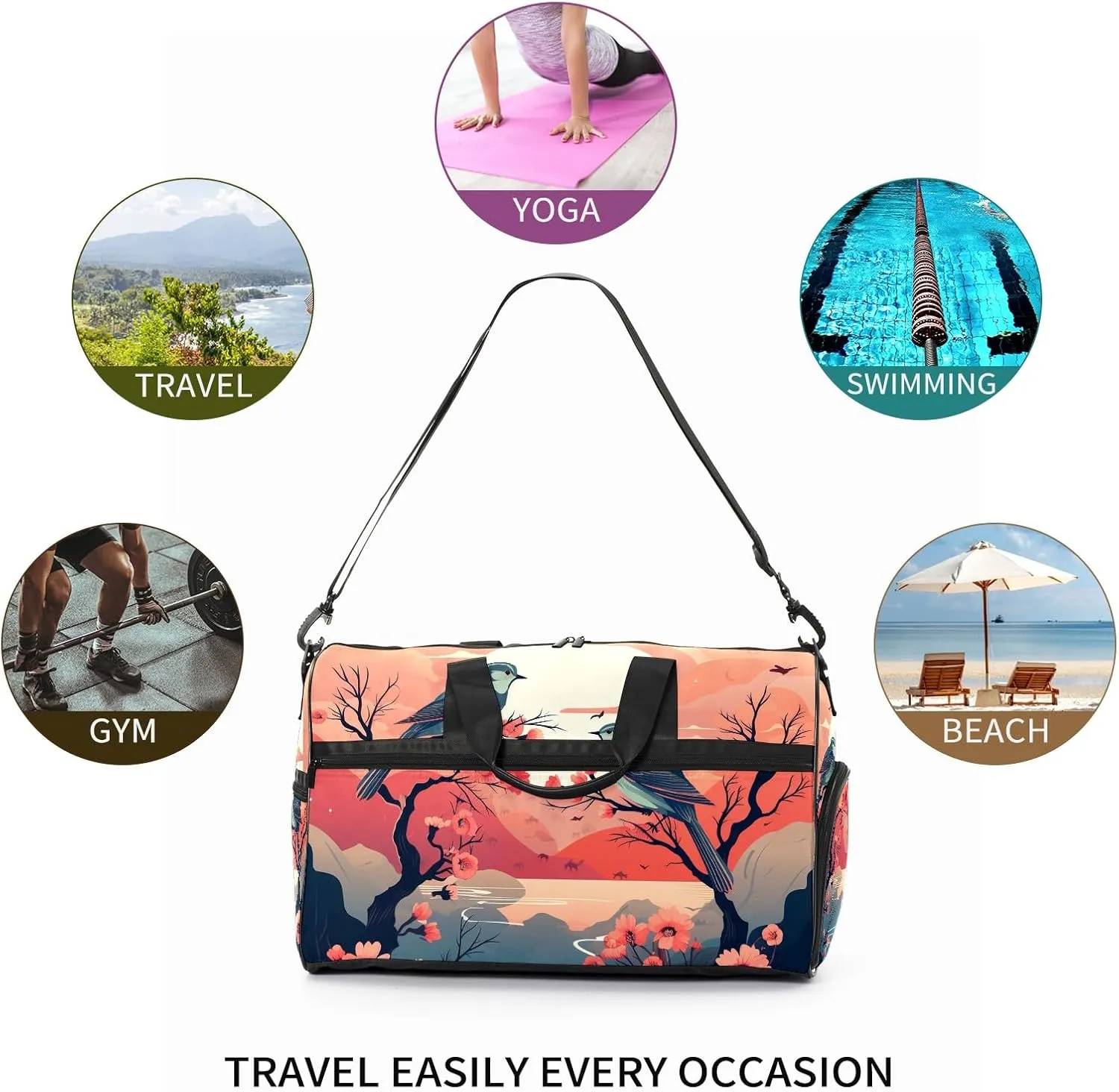 Gym Bag for Women, Carry on Weekender Overnight Bag, Travel Duffel Bags, Personal Item Travel Bag Tote Bag Workout Dance Bag, Chinese Painting Bird - 8