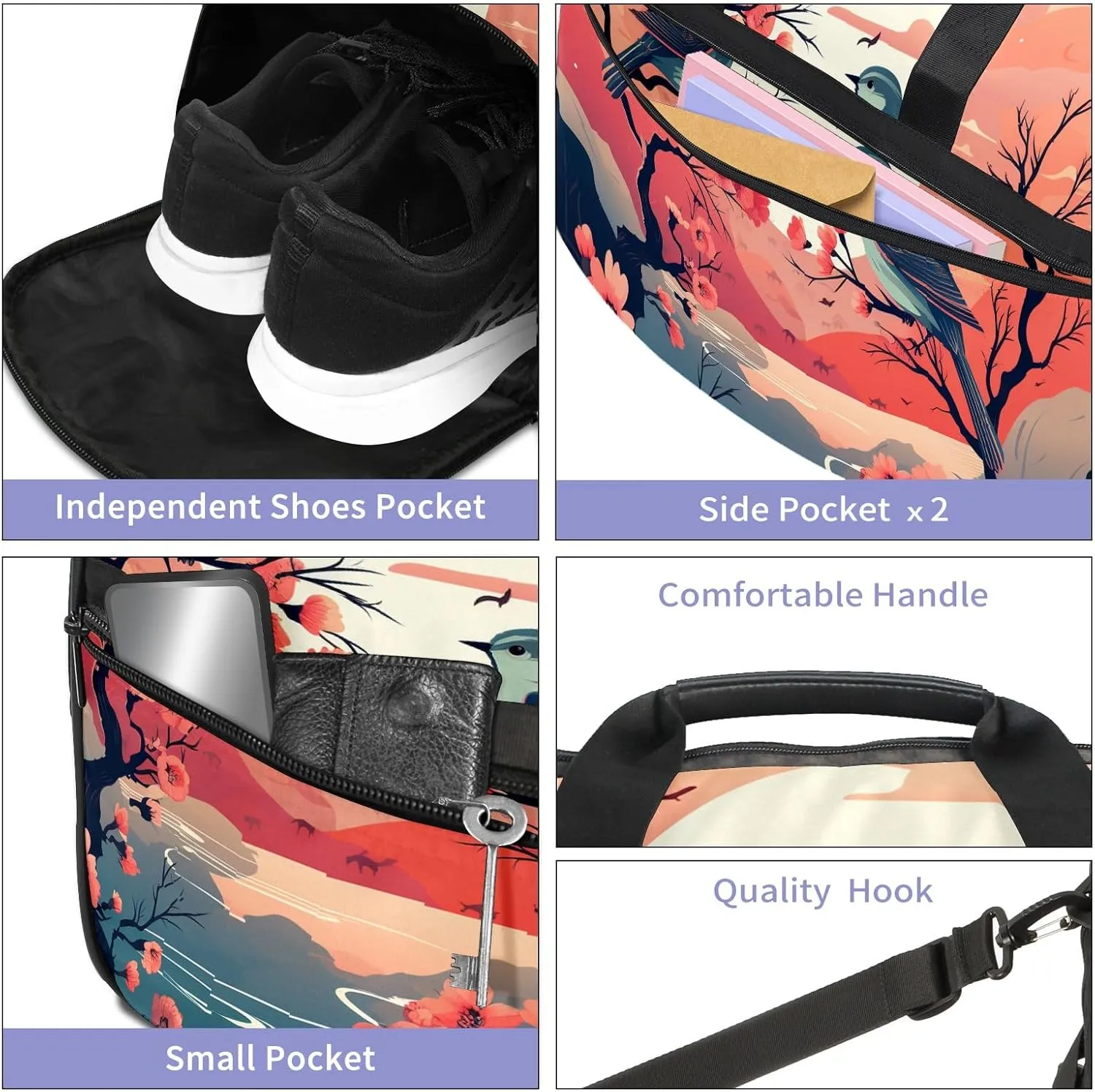 Gym Bag for Women, Carry on Weekender Overnight Bag, Travel Duffel Bags, Personal Item Travel Bag Tote Bag Workout Dance Bag, Chinese Painting Bird - 8