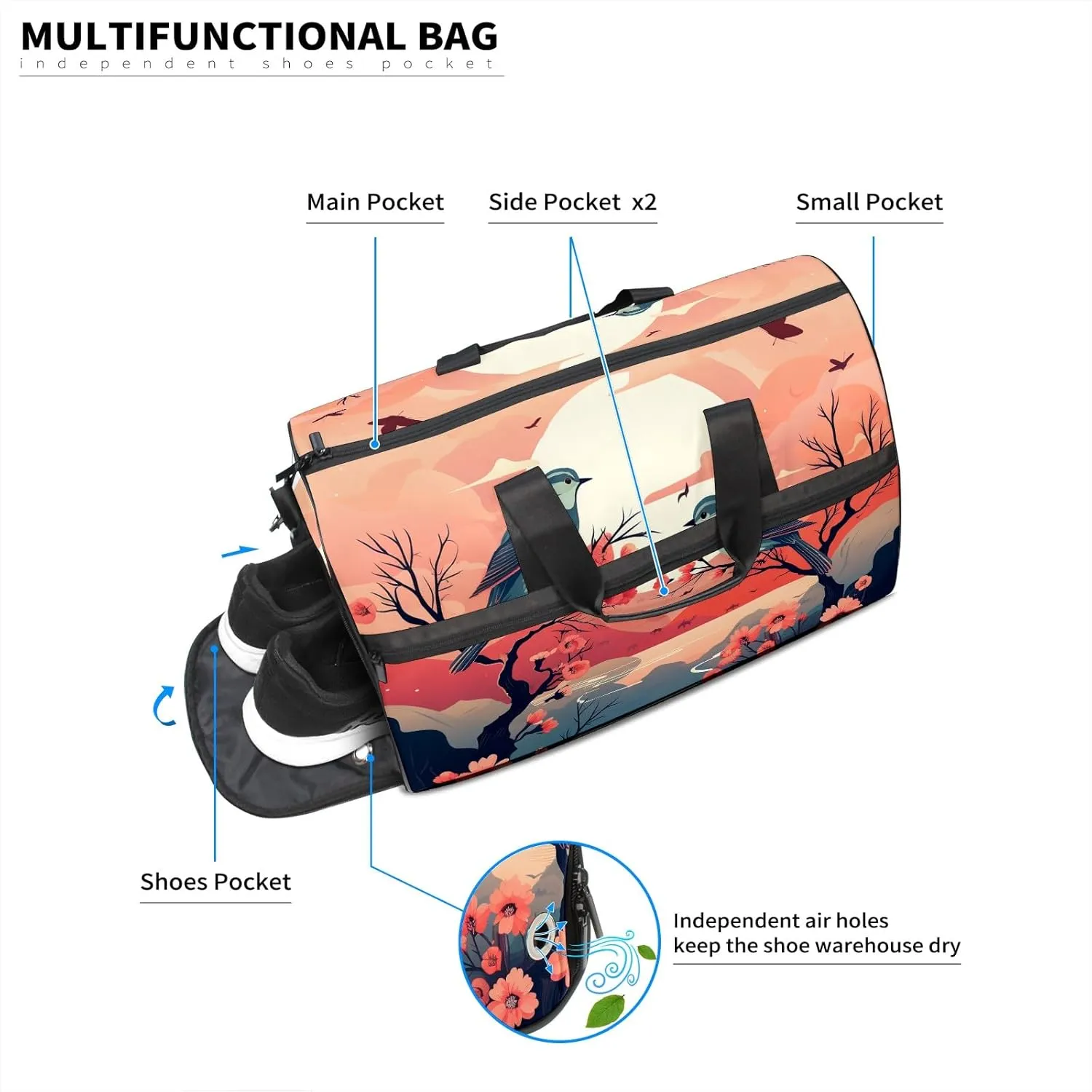 Gym Bag for Women, Carry on Weekender Overnight Bag, Travel Duffel Bags, Personal Item Travel Bag Tote Bag Workout Dance Bag, Chinese Painting Bird - 8