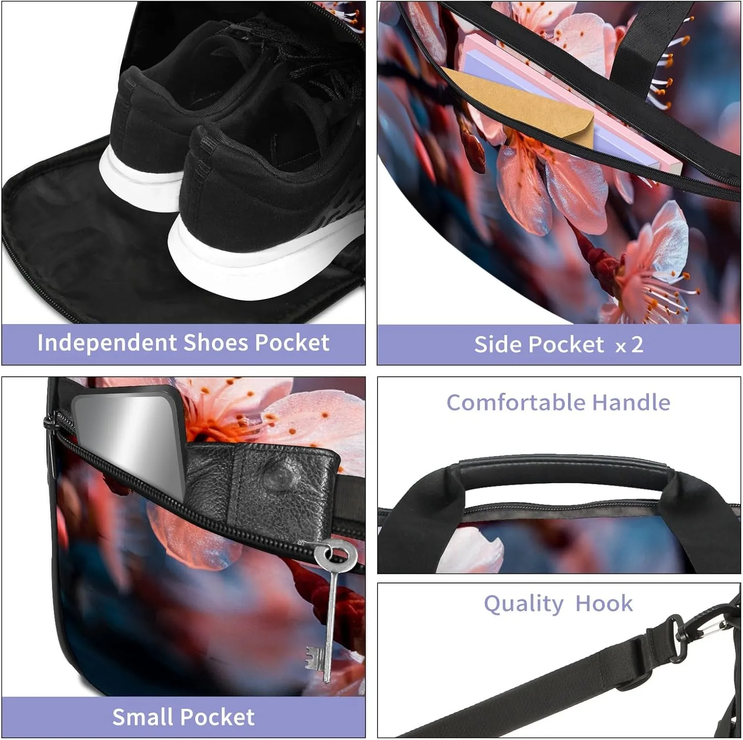 Gym Bag for Women Men, Yoga Bag with Shoe Pocket, Travel Duffel Tote Bag for Plane, Workout, Swimming, Weekend Overnight Bag Carry on Bag Hospital Holdalls, Dream Peach Blossom - 2