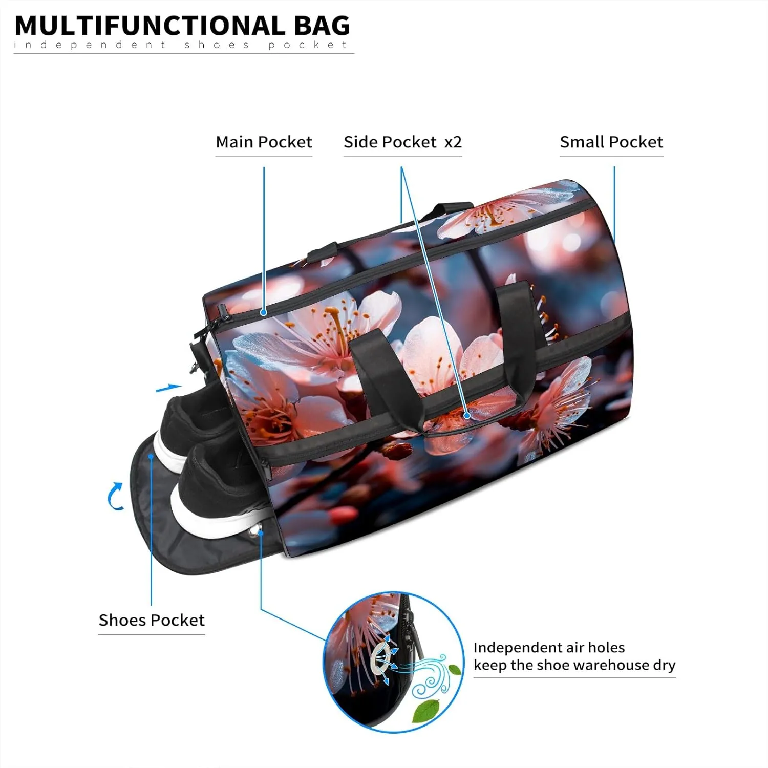 Gym Bag for Women Men, Yoga Bag with Shoe Pocket, Travel Duffel Tote Bag for Plane, Workout, Swimming, Weekend Overnight Bag Carry on Bag Hospital Holdalls, Dream Peach Blossom - 2