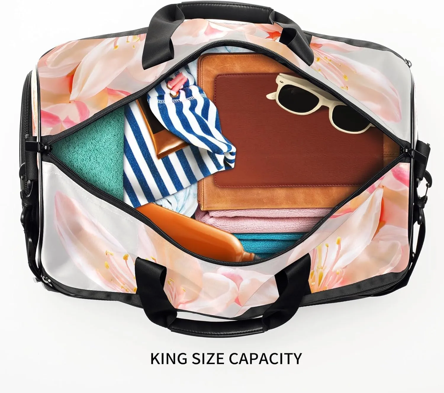 Gym Bag for Women Men, Yoga Bag with Shoe Pocket, Travel Duffel Tote Bag for Plane, Workout, Swimming, Weekend Overnight Bag Carry on Bag Hospital Holdalls, Gold Rose Peach Blossom - 8
