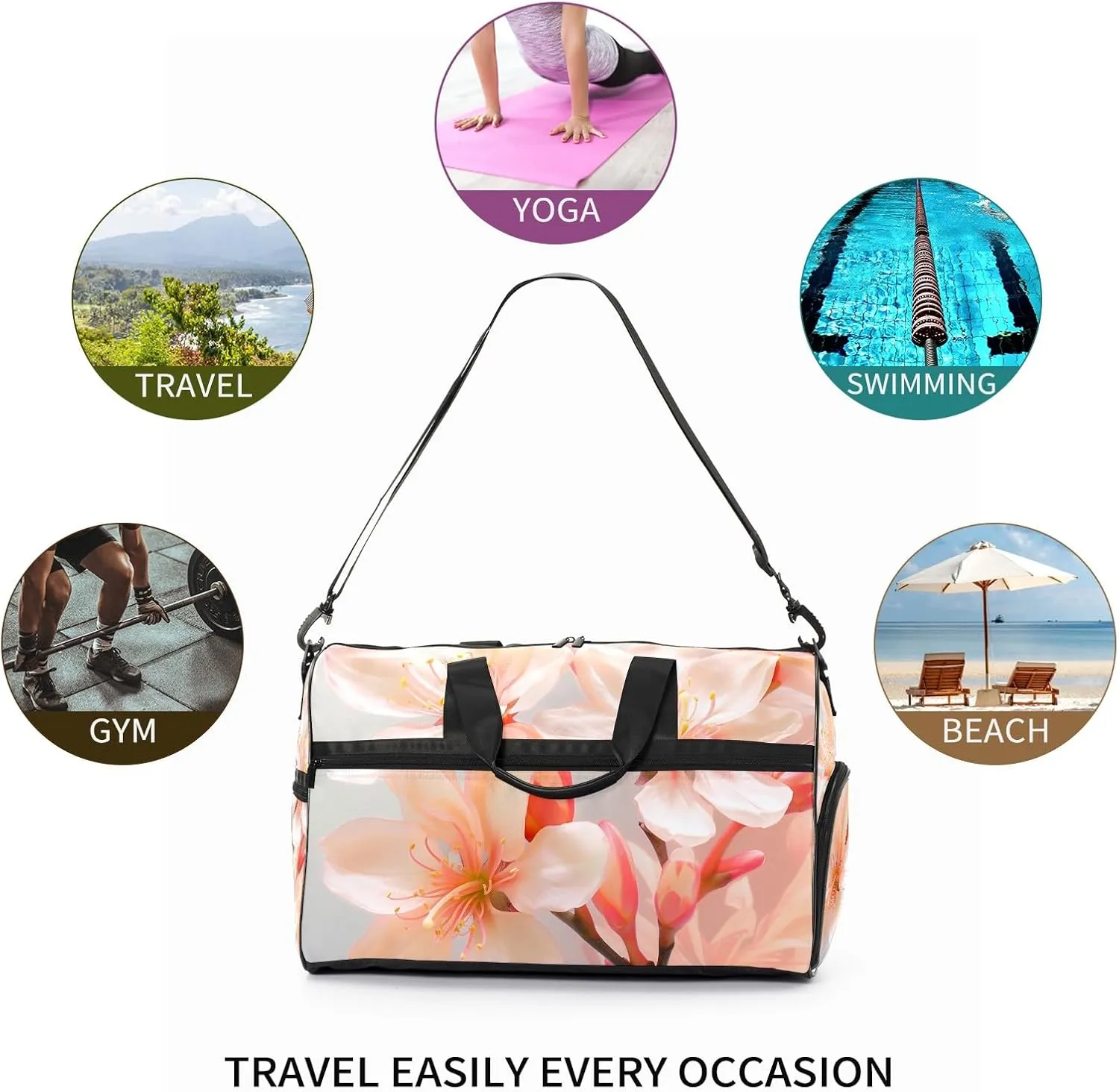 Gym Bag for Women Men, Yoga Bag with Shoe Pocket, Travel Duffel Tote Bag for Plane, Workout, Swimming, Weekend Overnight Bag Carry on Bag Hospital Holdalls, Gold Rose Peach Blossom - 8