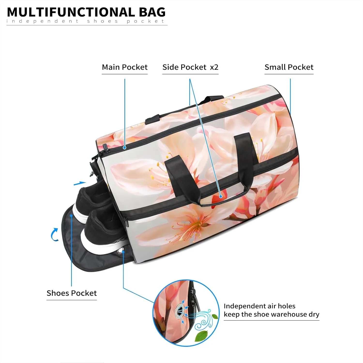 Gym Bag for Women Men, Yoga Bag with Shoe Pocket, Travel Duffel Tote Bag for Plane, Workout, Swimming, Weekend Overnight Bag Carry on Bag Hospital Holdalls, Gold Rose Peach Blossom - 8