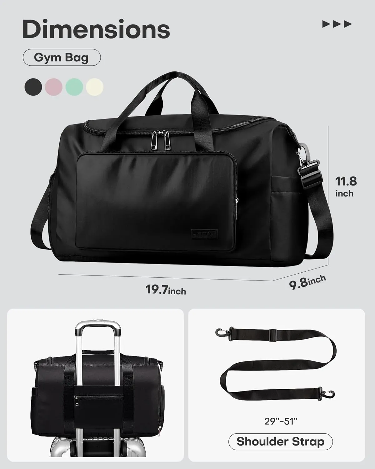 HOTOR Gym Bag for Men and Women - Travel Duffle Bag with Shoe Compartment and Waterproof Pocket, Carry on Luggage with Trolley Sleeve for Sports, Weekend Trips, Black, 19.7"  9.8"  11.8"