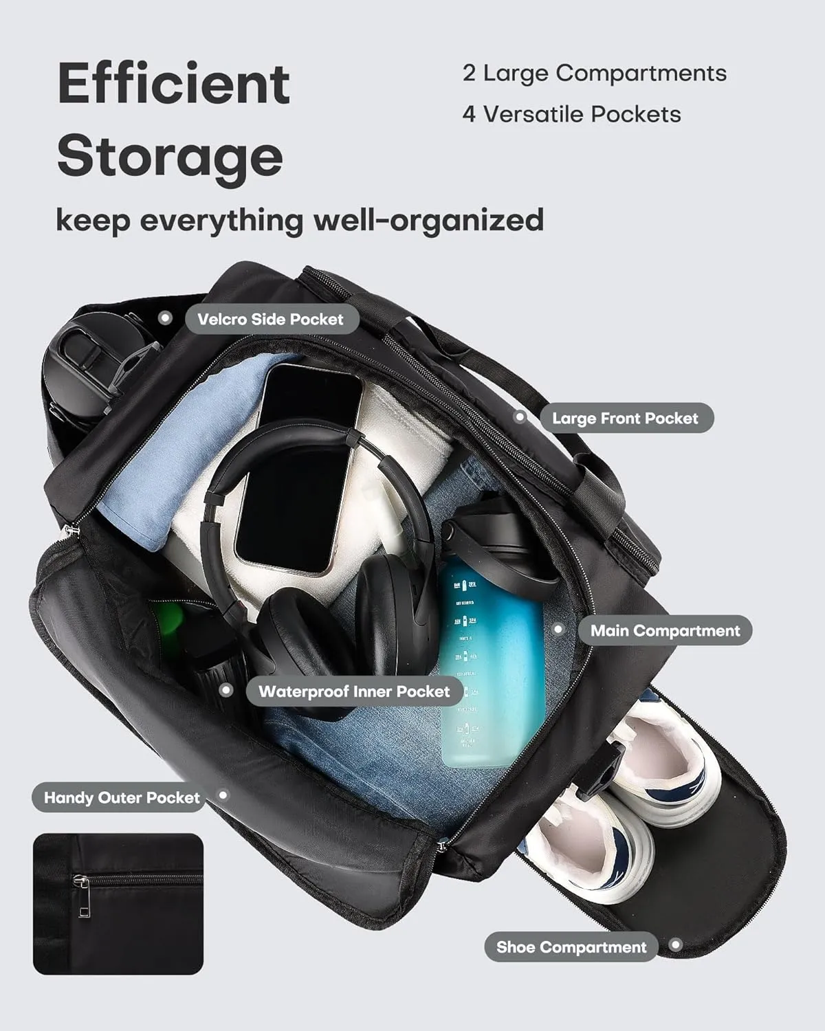HOTOR Gym Bag for Men and Women - Travel Duffle Bag with Shoe Compartment and Waterproof Pocket, Carry on Luggage with Trolley Sleeve for Sports, Weekend Trips, Black, 19.7"  9.8"  11.8"