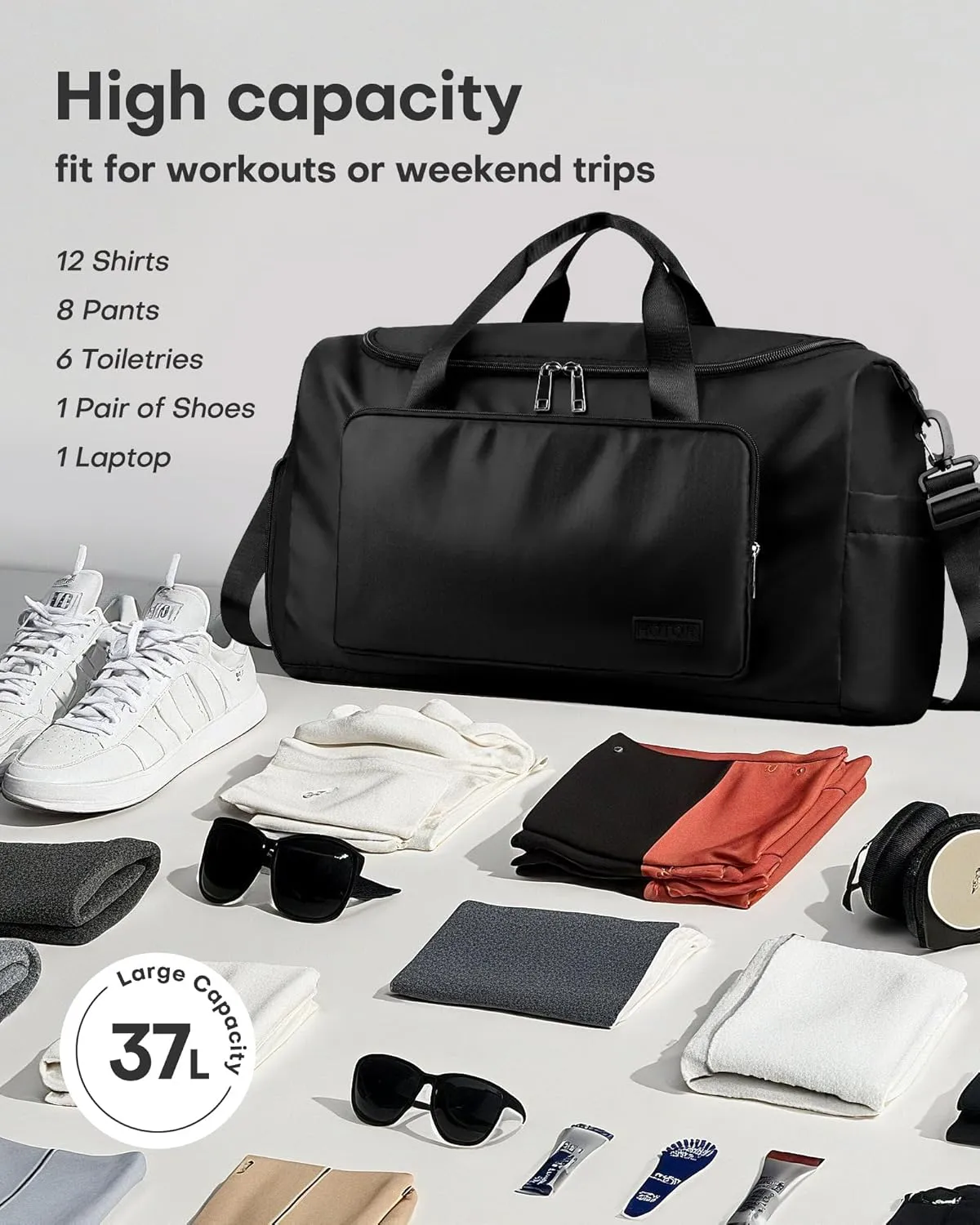 HOTOR Gym Bag for Men and Women - Travel Duffle Bag with Shoe Compartment and Waterproof Pocket, Carry on Luggage with Trolley Sleeve for Sports, Weekend Trips, Black, 19.7"  9.8"  11.8"