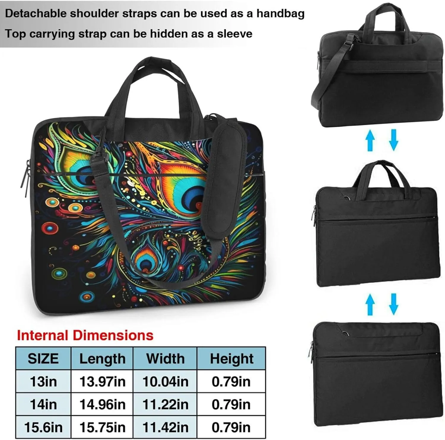 Laptop Case Bag Coloful Peacock Bird Feather Briefcase Messenger Notebook Carrying Bag Case Sleeve For Women Men