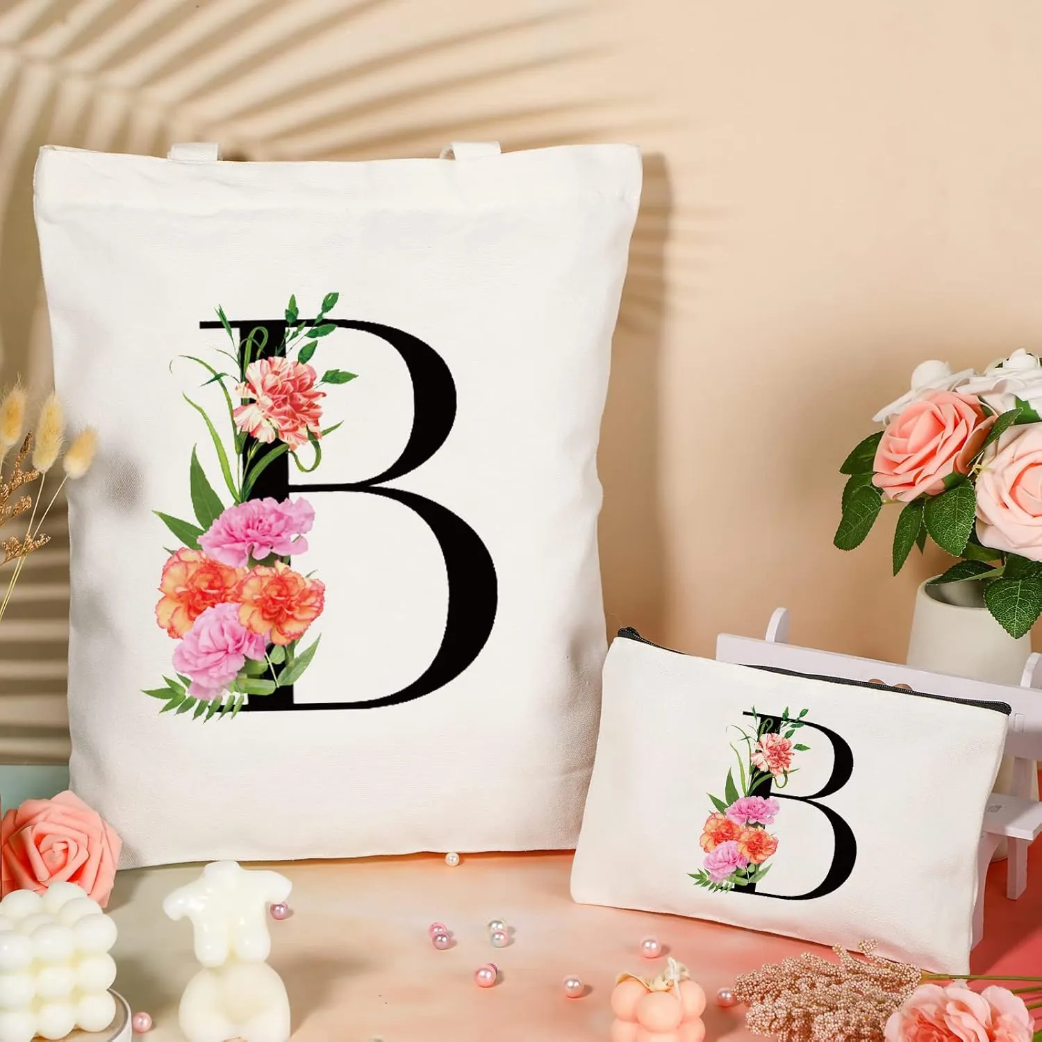 Letter Initial Canvas Tote Bag Personalized Present Bag Gift for Mother's Day Bridesmaids Bride Birthday Wedding