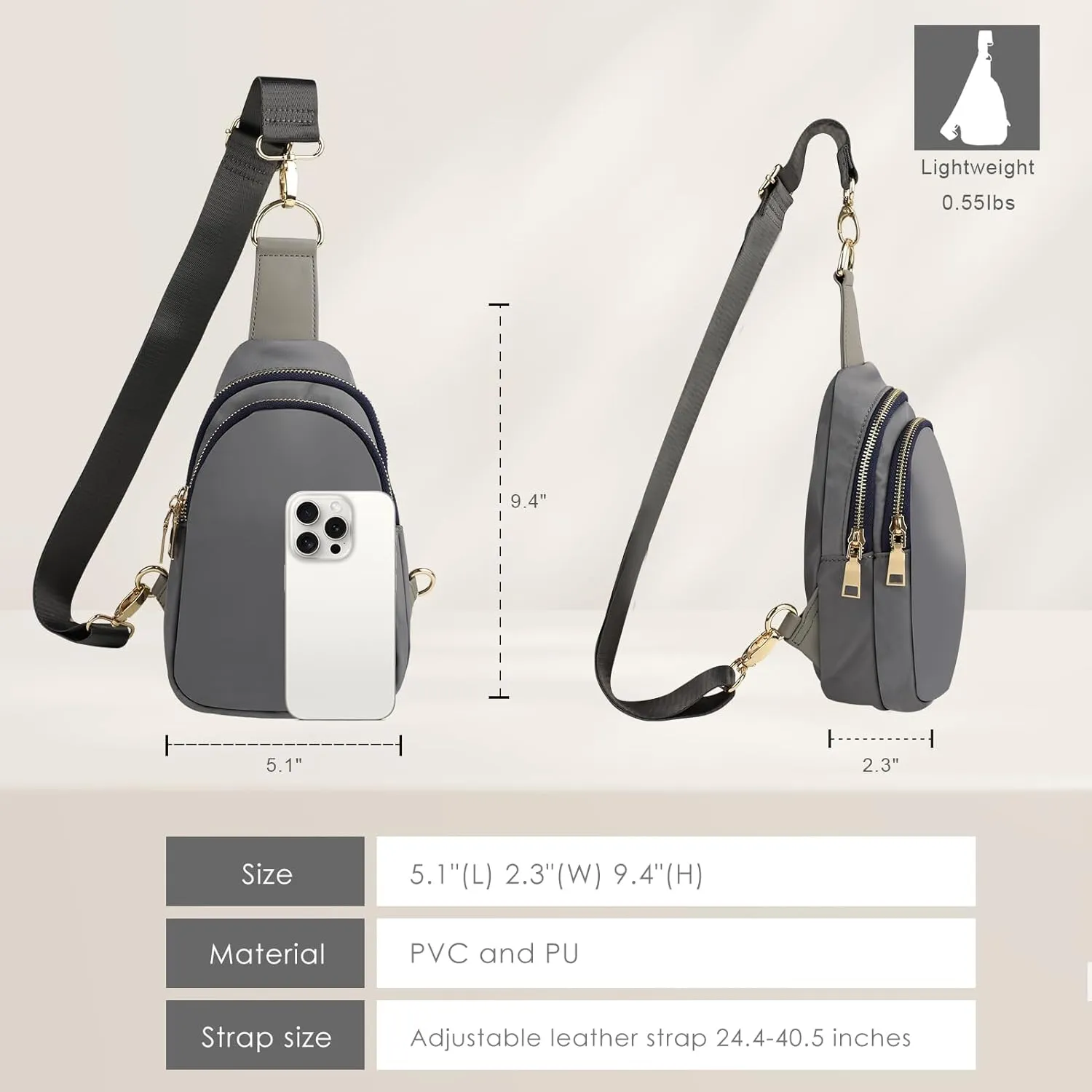 MEEJUNE Small sling bag for Women Nylon Crossbody Fanny Packs Purses chest Bag with adjustable shoulder strap (Grey)