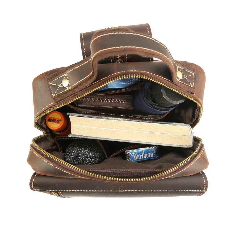 Mens Small Convertible Leather Backpack Vintage-Dark Brown