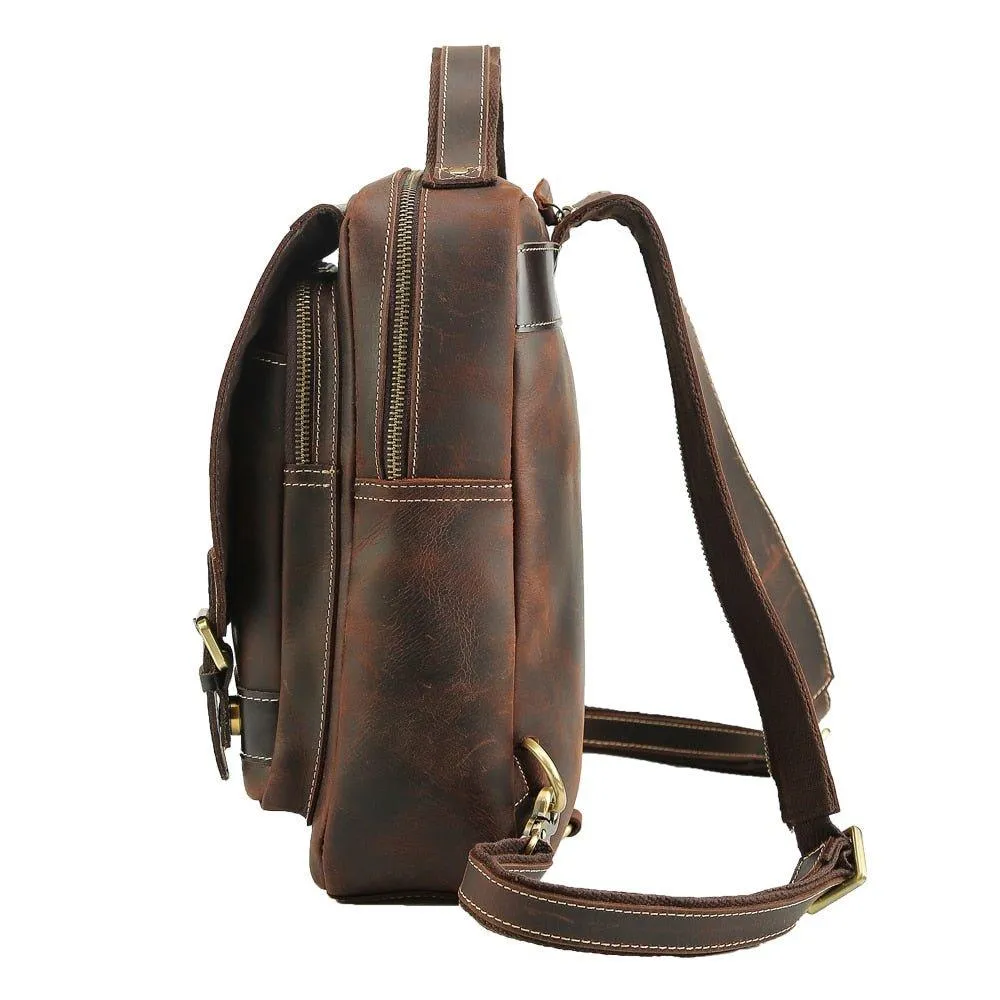 Mens Small Convertible Leather Backpack Vintage-Dark Brown