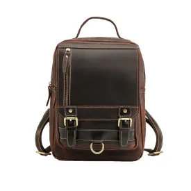 Mens Small Convertible Leather Backpack Vintage-Dark Brown