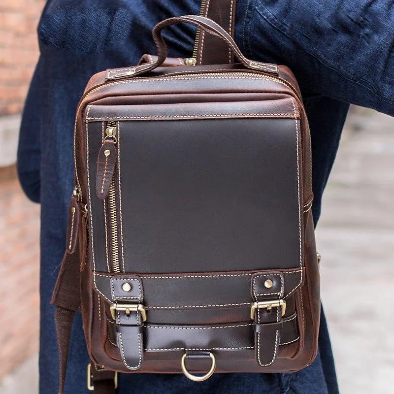 Mens Small Convertible Leather Backpack Vintage-Dark Brown