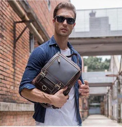 Mens Small Convertible Leather Backpack Vintage-Dark Brown