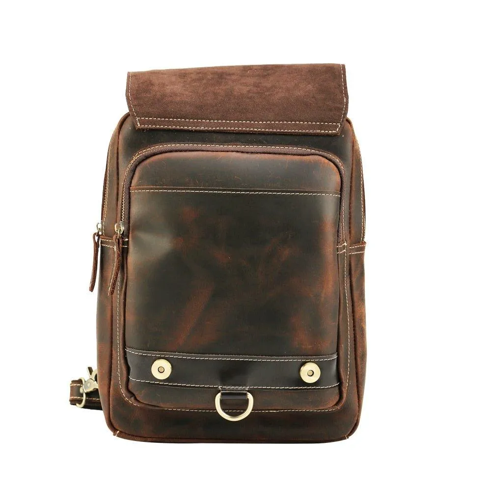 Mens Small Convertible Leather Backpack Vintage-Dark Brown