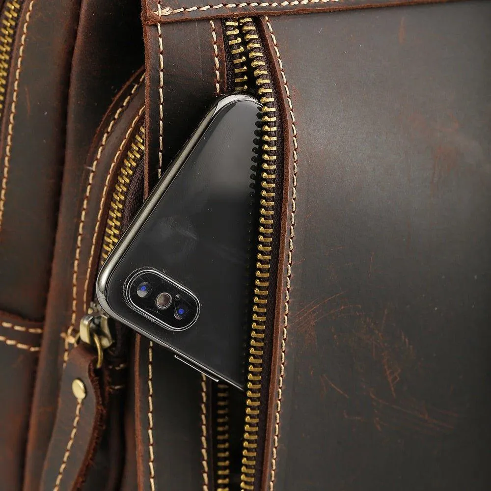 Mens Small Convertible Leather Backpack Vintage-Dark Brown