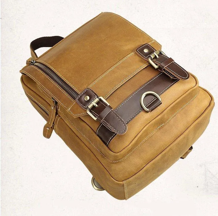 Mens Small Convertible Leather Backpack Vintage-Dark Brown