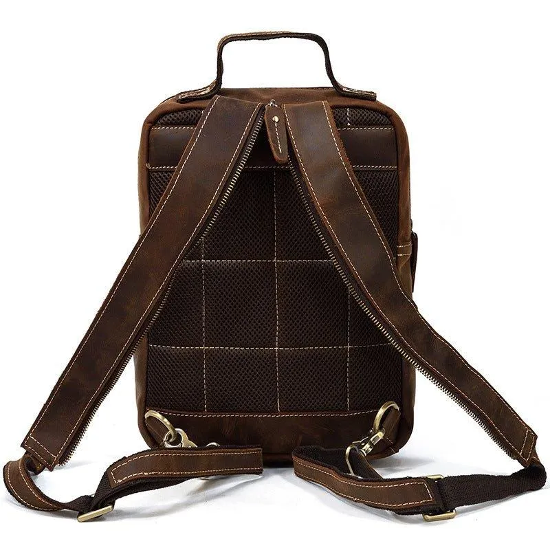 Mens Small Convertible Leather Backpack Vintage-Dark Brown