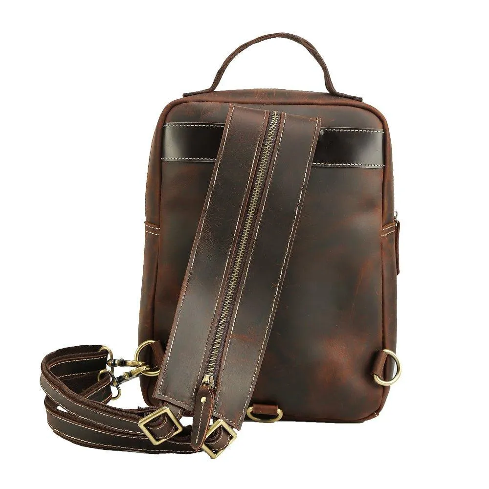 Mens Small Convertible Leather Backpack Vintage-Dark Brown