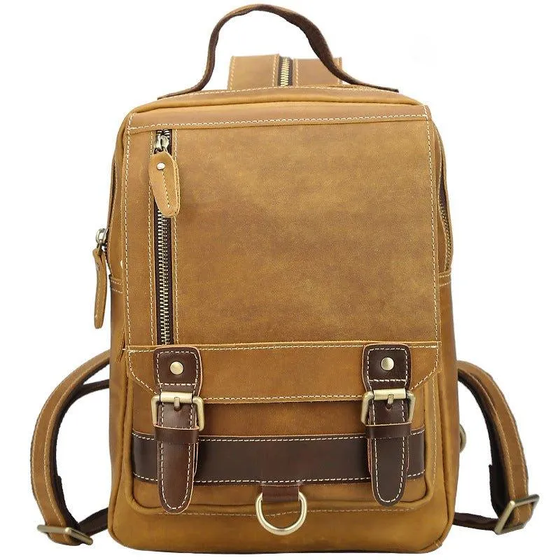 Mens Small Convertible Leather Backpack Vintage-Dark Brown