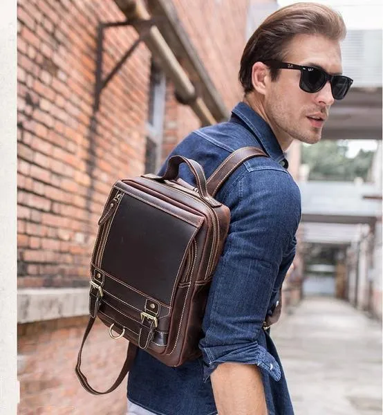 Mens Small Convertible Leather Backpack Vintage-Dark Brown