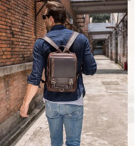 Mens Small Convertible Leather Backpack Vintage-Dark Brown