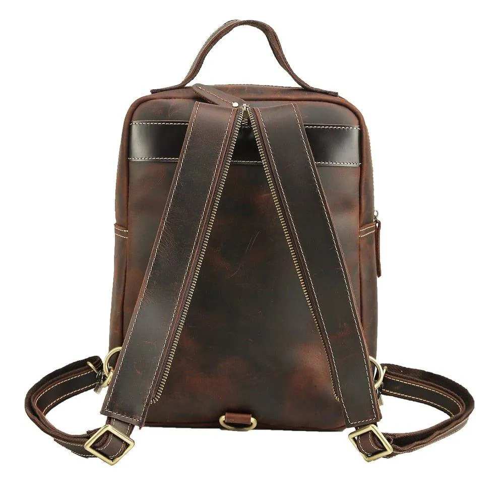 Mens Small Convertible Leather Backpack Vintage-Dark Brown