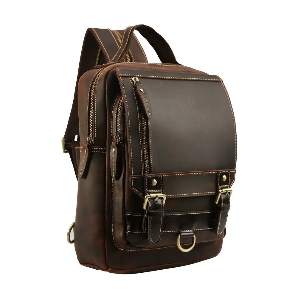 Mens Small Convertible Leather Backpack Vintage-Dark Brown
