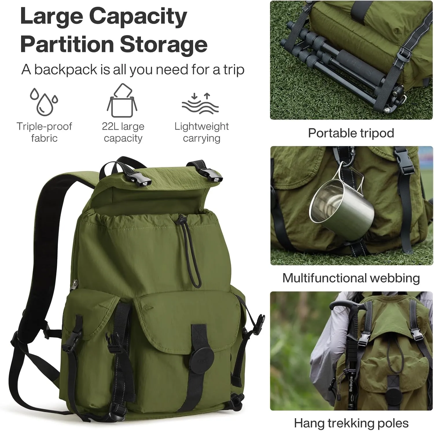mixi Travel Backpack for Women Men, 18 Inch Carry On Laptop Backpack Flight Approved fits 16'' Laptop, Lightweight Waterproof Hiking Backpack Travel Outdoor Business Casual Daypack, Jungle Green