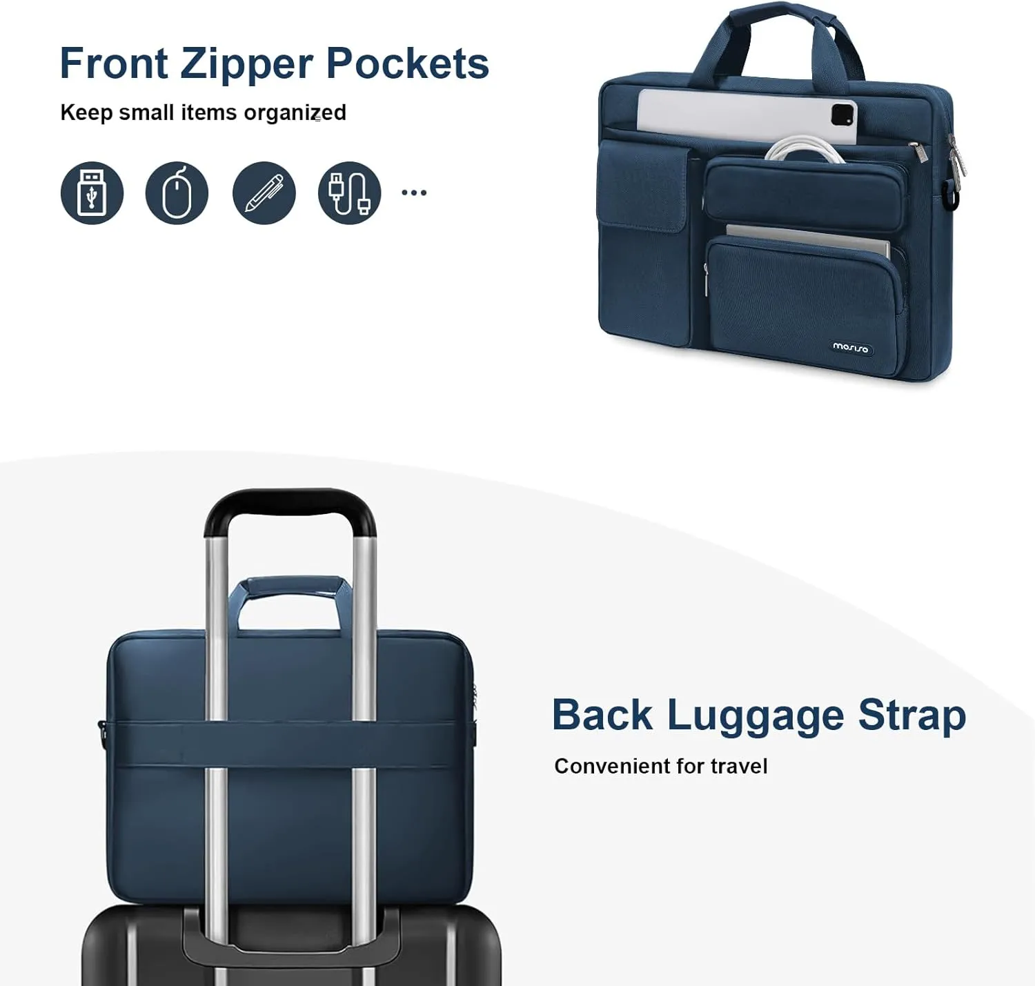 MOSISO Laptop Shoulder Bag 15.6 inch, 15-15.6 inch Computer Bag Compatible with MacBook Pro 16 inch, HP, Dell, Lenovo, Notebook with 2 Raised&1 Flapover&1 Horizontal Pocket&Handle&Belt, Haze Blue