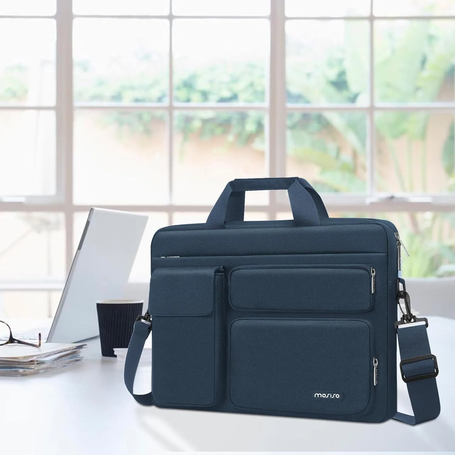 MOSISO Laptop Shoulder Bag 15.6 inch, 15-15.6 inch Computer Bag Compatible with MacBook Pro 16 inch, HP, Dell, Lenovo, Notebook with 2 Raised&1 Flapover&1 Horizontal Pocket&Handle&Belt, Haze Blue