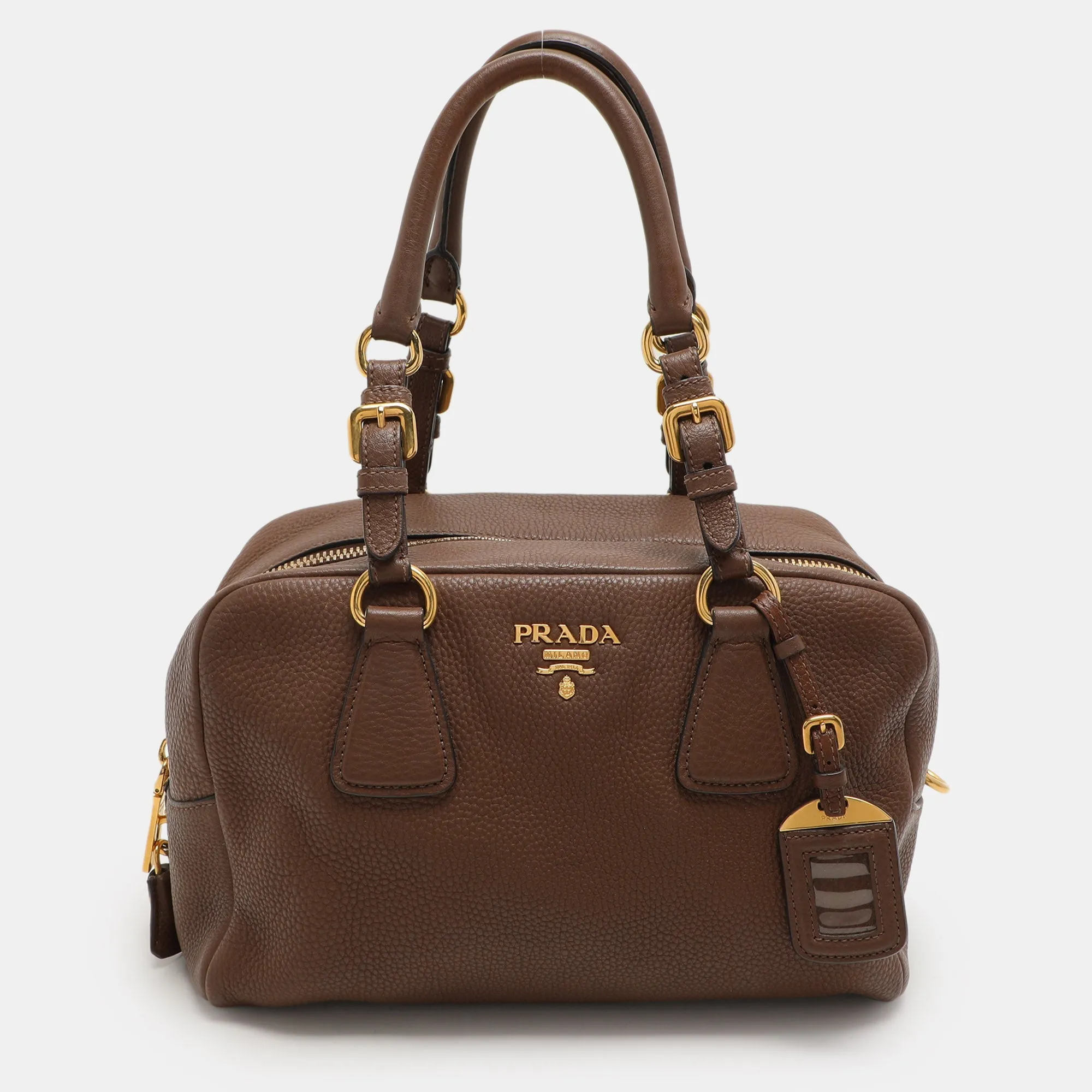 Prada Brown Pebbled Leather Bauletto Satchel